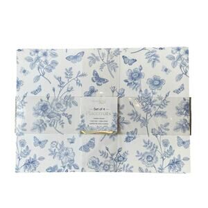 Mint & Ivy Faux Leather Placemats 13x18 Blue & White Floral Butterfly Set of 4